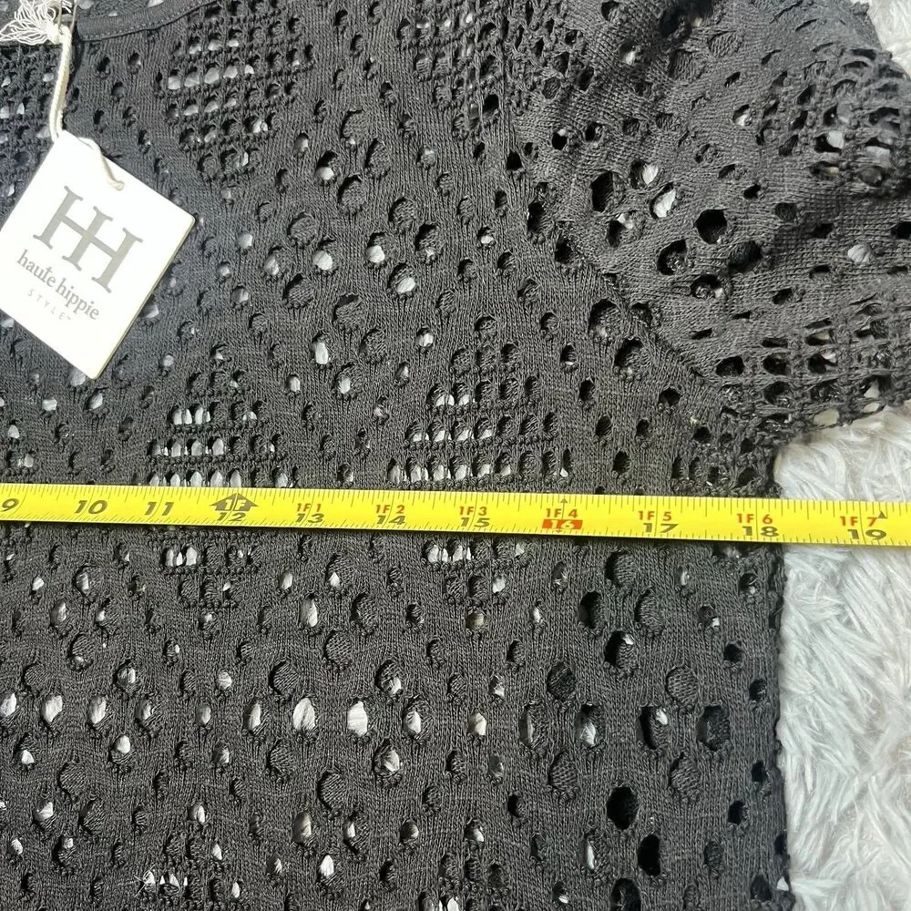 Haute Hippie Black Mesh Crochet Open Knit Long Sleeve Swim Cover Up Dress $98 XS